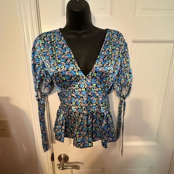 TopShop Blue Green and Black Floral Peplum Top Size 10 NWT - Picture 9 of 9
